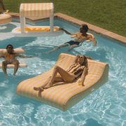 XL Fabric Covered Pool Float Sunbed Lounger - Yellow Cabana Stripes